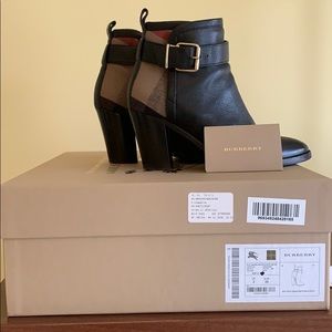 Burberry belted check and leather ankle boots